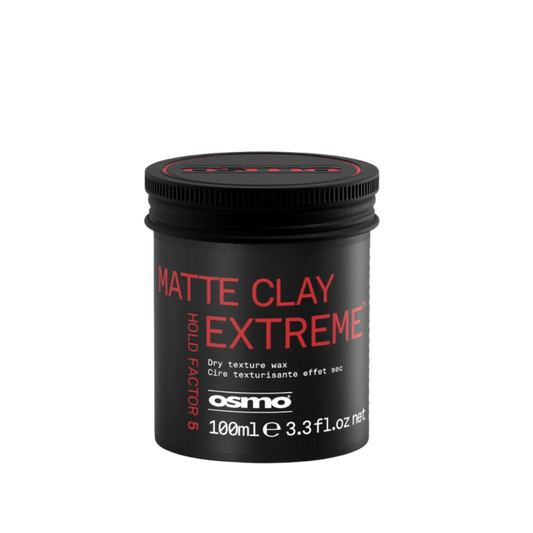 A 100ml black jar of Osmo Matte Clay Extreme dry texture wax, featuring red and white text on a clean white background.