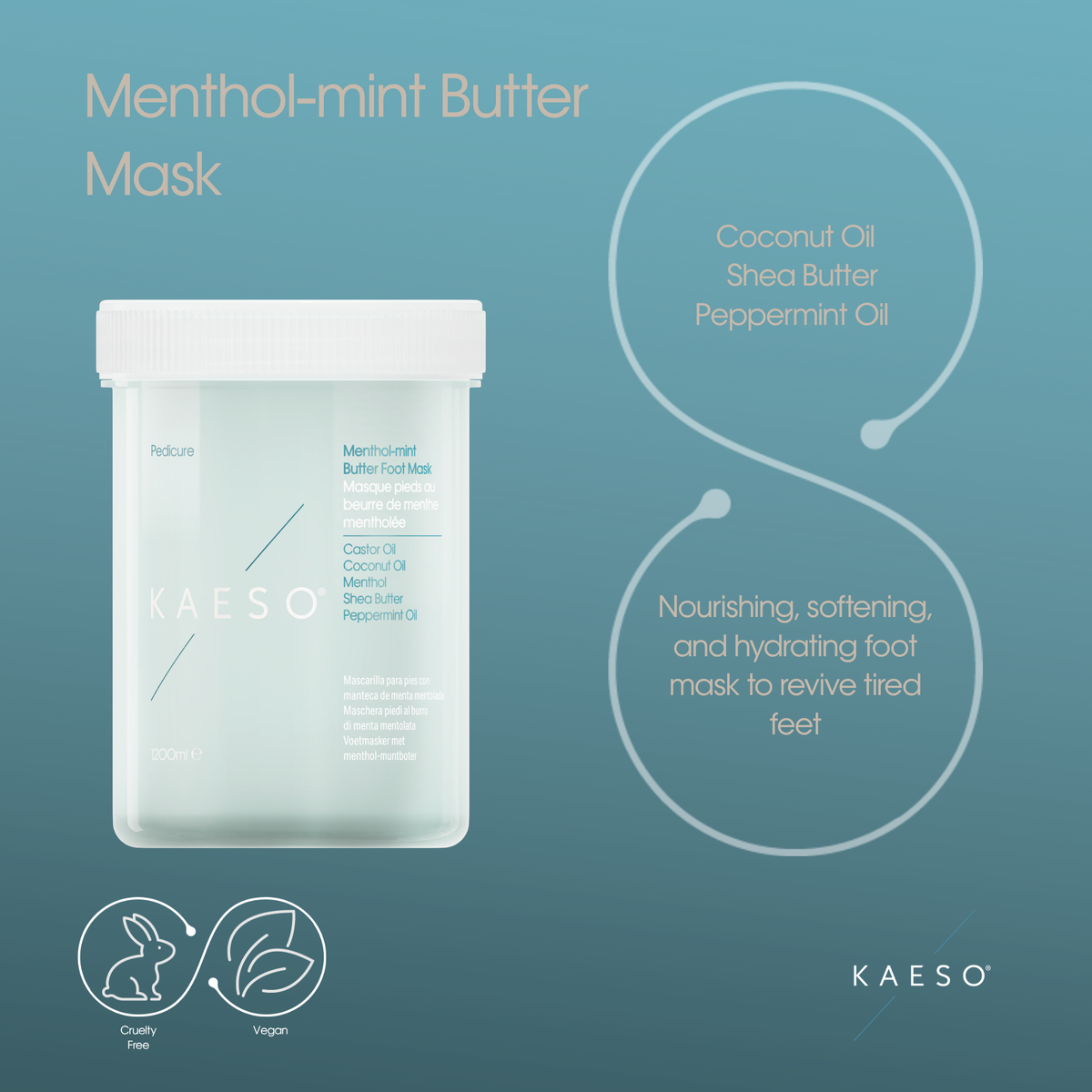 KAESO Menthol-mint Butter Mask in a frosted white jar, presented on a teal-blue background with product ingredients and benefits written in white text.