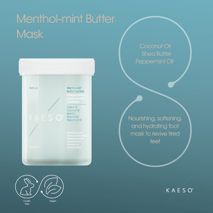 KAESO Menthol-mint Butter Mask in a frosted white jar, presented on a teal-blue background with product ingredients and benefits written in white text.