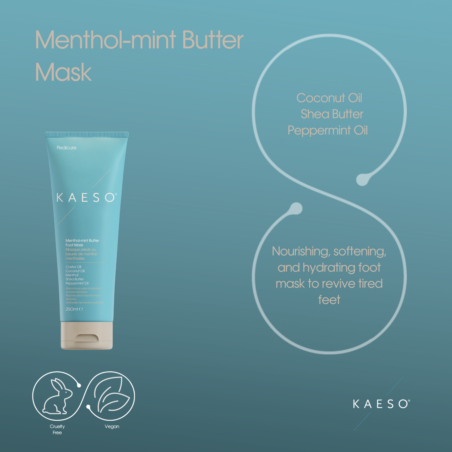 KAESO Menthol-mint Butter Mask in a light blue squeeze tube with a beige cap, displayed on a teal background with product ingredients and benefits written in text.