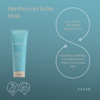 KAESO Menthol-mint Butter Mask in a light blue squeeze tube with a beige cap, displayed on a teal background with product ingredients and benefits written in text.