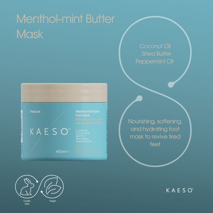 KAESO Menthol-mint Butter Foot Mask jar on a teal-blue background with product text and ingredient callouts. The jar is light blue with a beige lid.