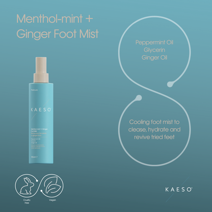 KAESO Menthol-mint + Ginger Foot Mist bottle in a light blue color with a beige spray top, set against a teal-blue background with product details and ingredient callouts.