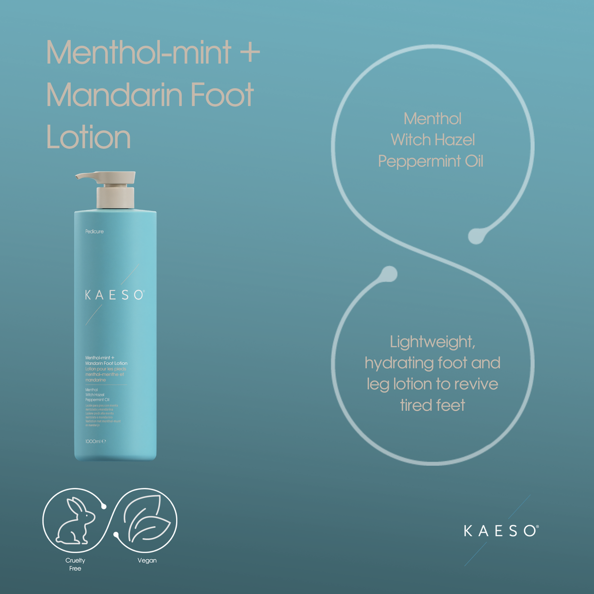 KAESO Menthol-mint + Mandarin Foot Lotion in a light blue pump bottle, displayed on a matching teal-blue background with product details and ingredient callouts.