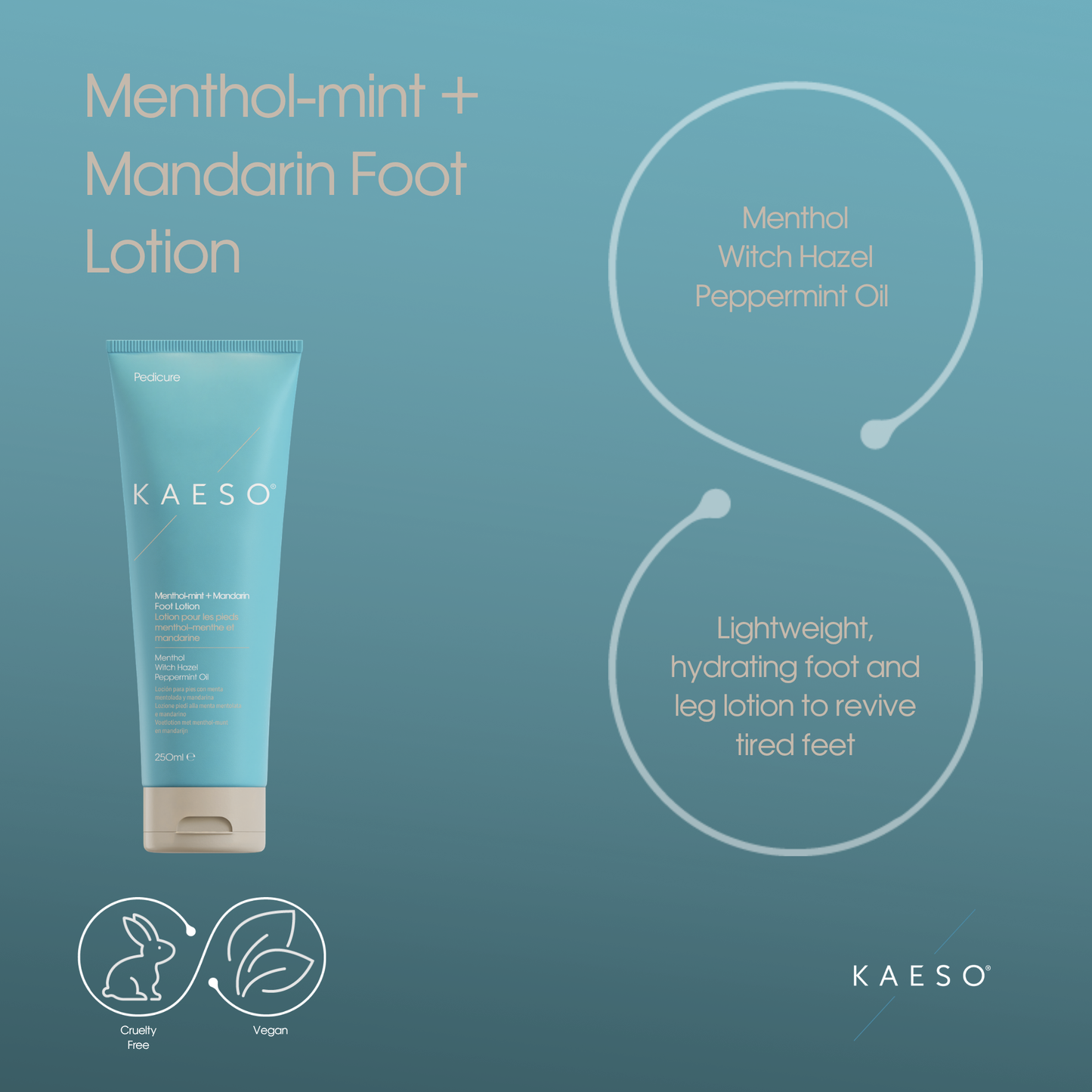 KAESO Menthol-mint + Mandarin Foot Lotion in a light blue squeeze tube with a beige cap, shown on a teal-blue background with product text and ingredient callouts.