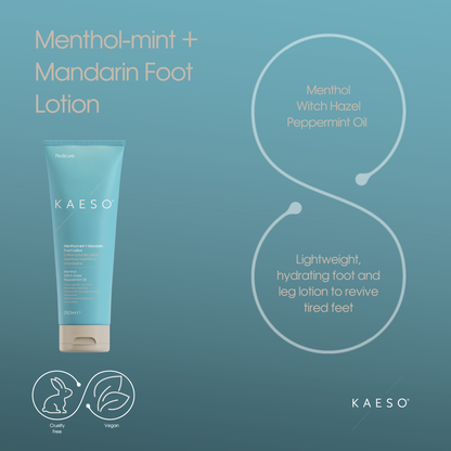 KAESO Menthol-mint + Mandarin Foot Lotion in a light blue squeeze tube with a beige cap, shown on a teal-blue background with product text and ingredient callouts.