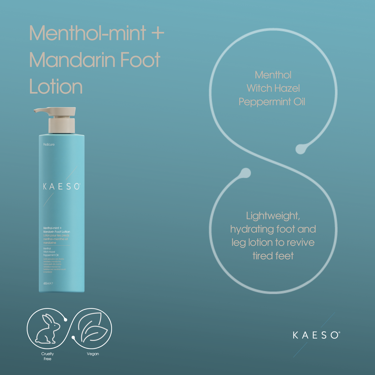 KAESO Menthol-mint + Mandarin Foot Lotion bottle in a light blue color with a beige pump dispenser, set against a matching teal-blue background with product details and icons.