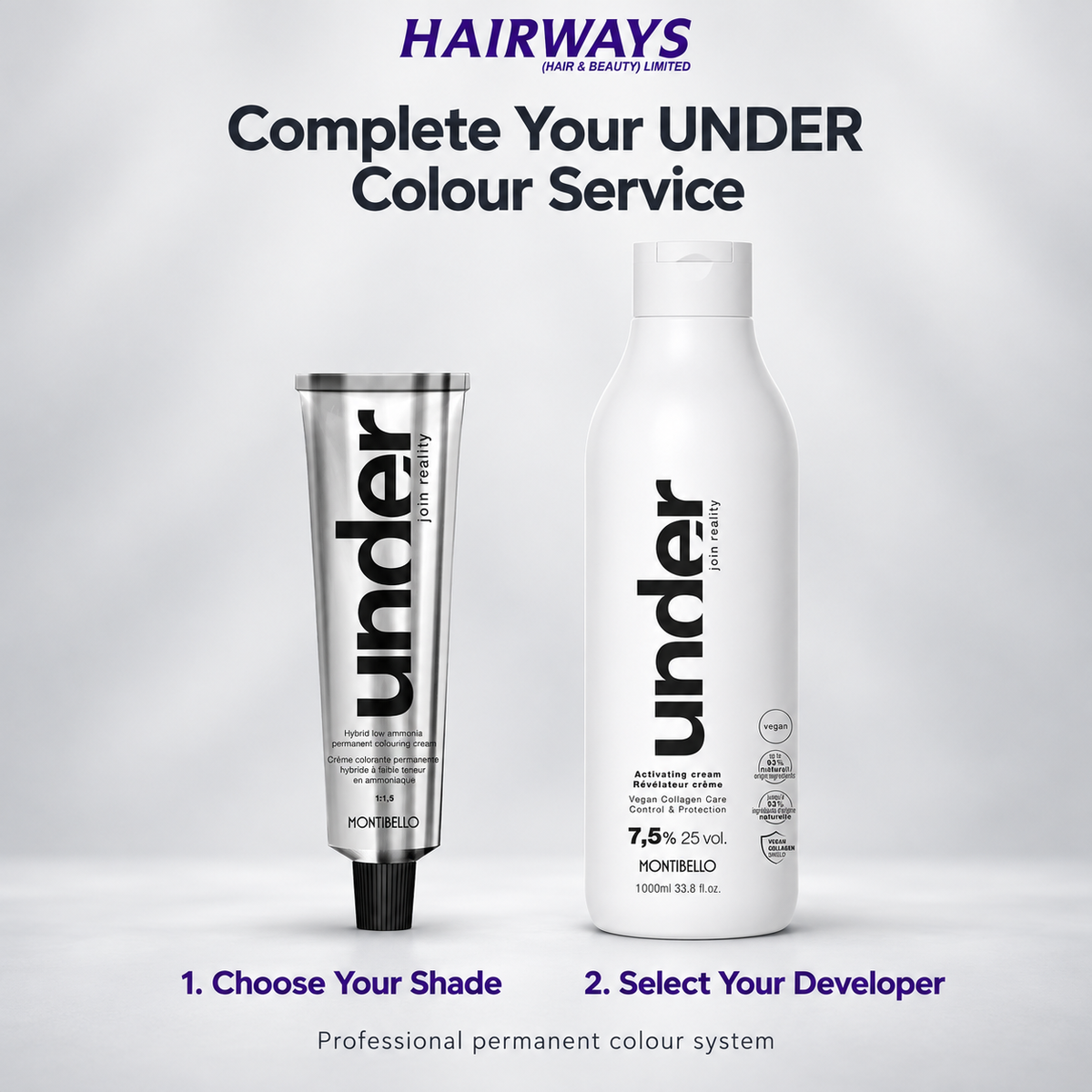 Hairways Under Colour Service product display featuring a silver tube of under Prime Ready developer and a white bottle of under Prime Ready activator cream, with purple and black text on a light gray background.