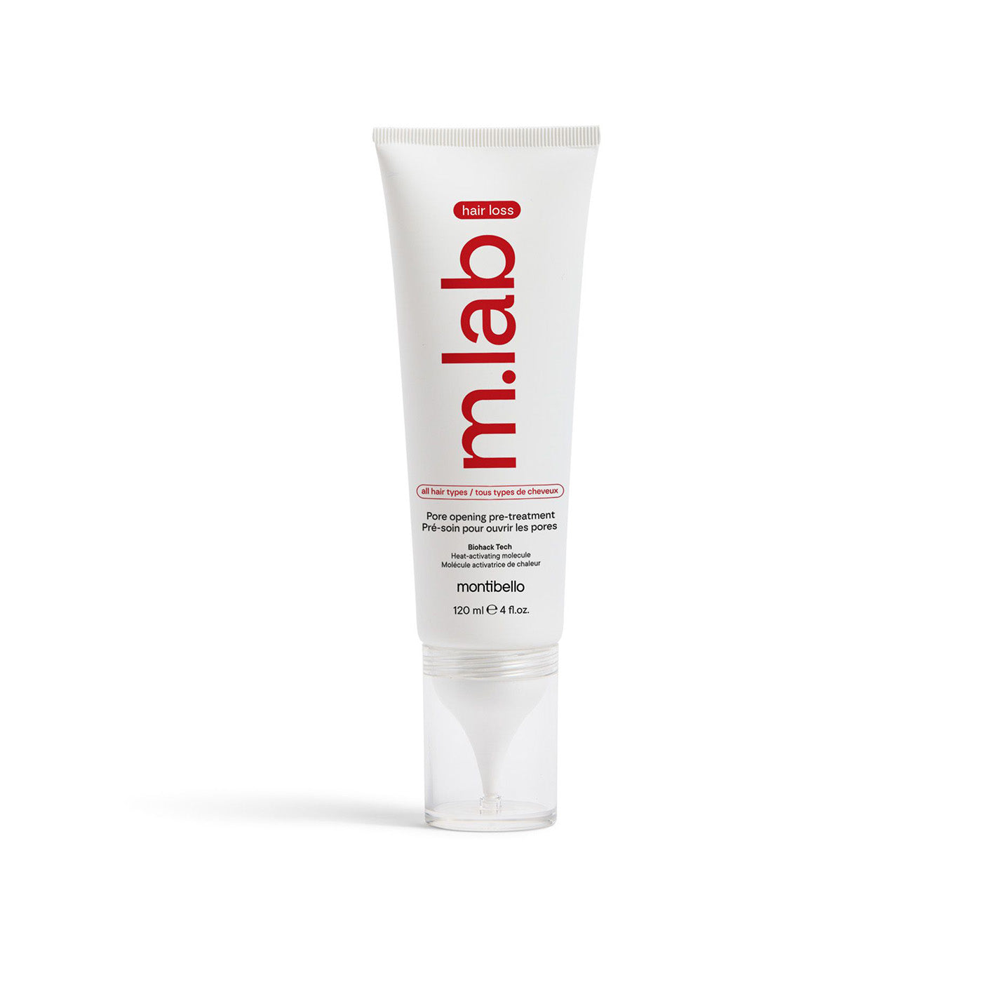 Tube of m.lab hair care product on a white background