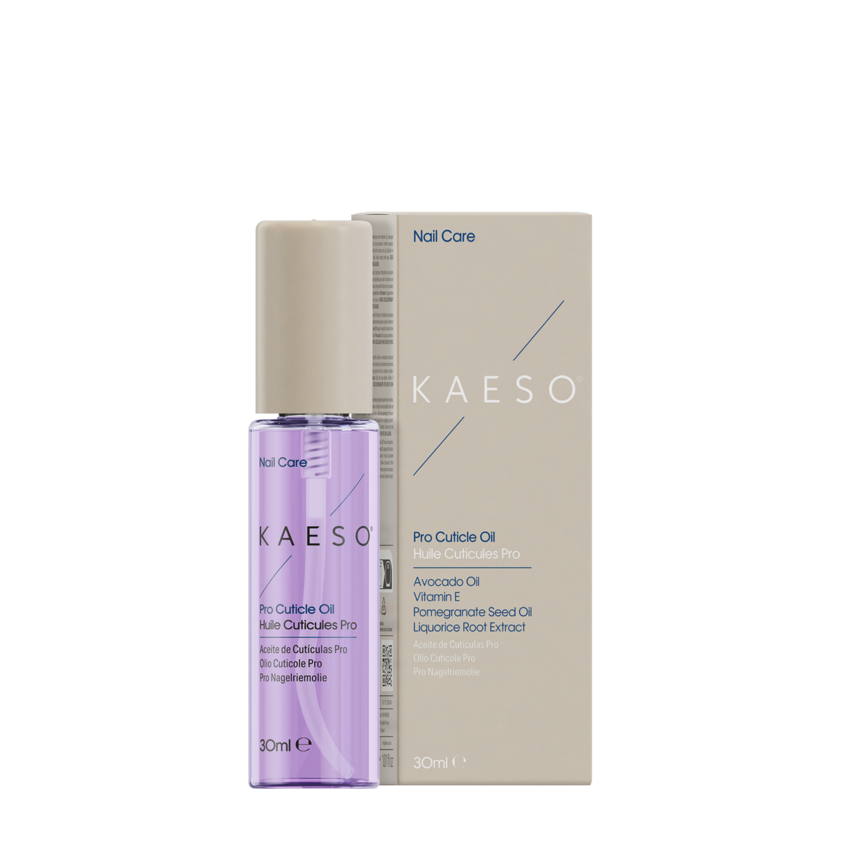 A bottle of KAESO Nail Care Pro Cuticle Oil next to its beige packaging box, featuring a lavender-colored liquid inside a clear bottle with a beige cap.