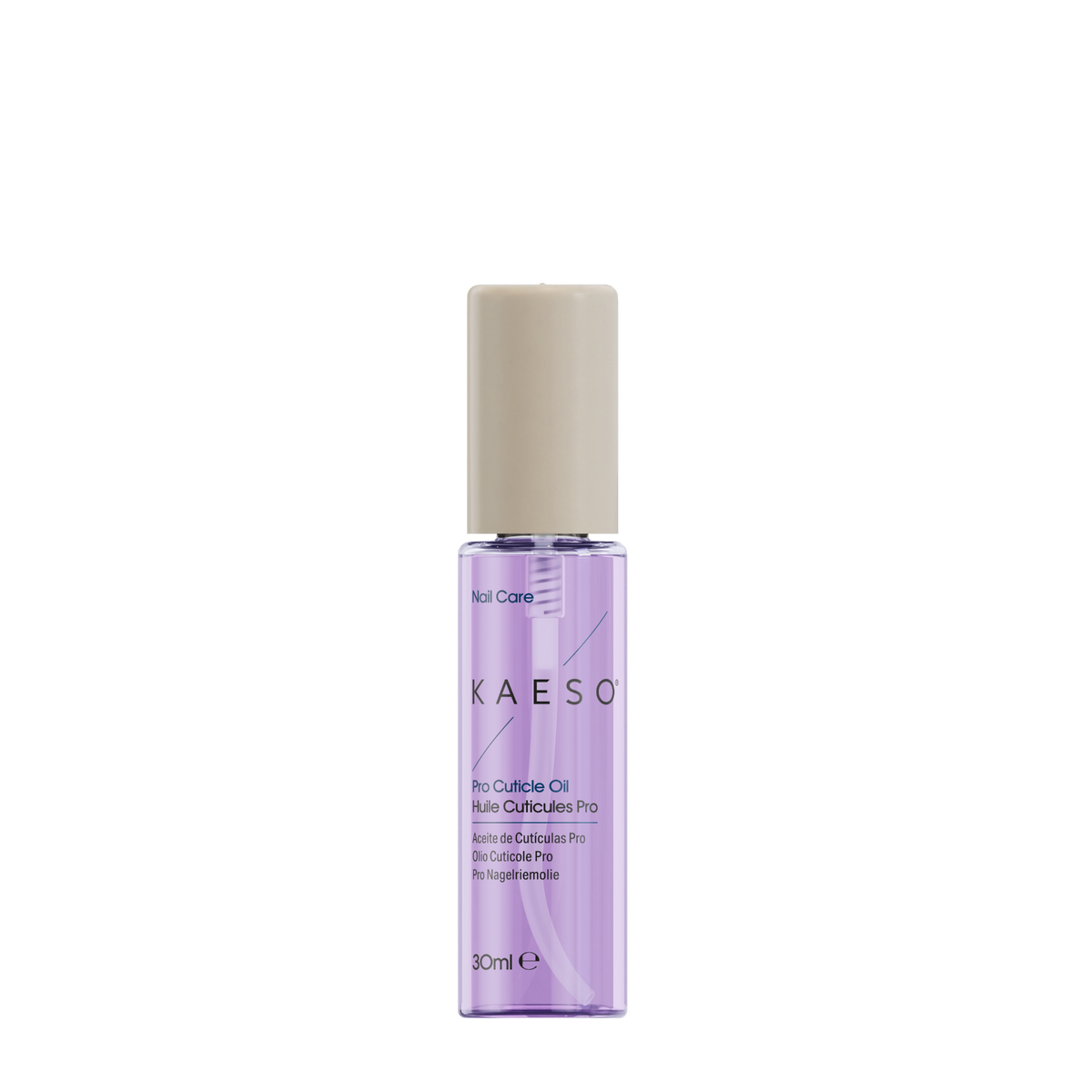 KAESO nail care Pro-Cuticle Oil in a clear cylindrical bottle with light purple liquid and a beige cap, shown on a plain white background.
