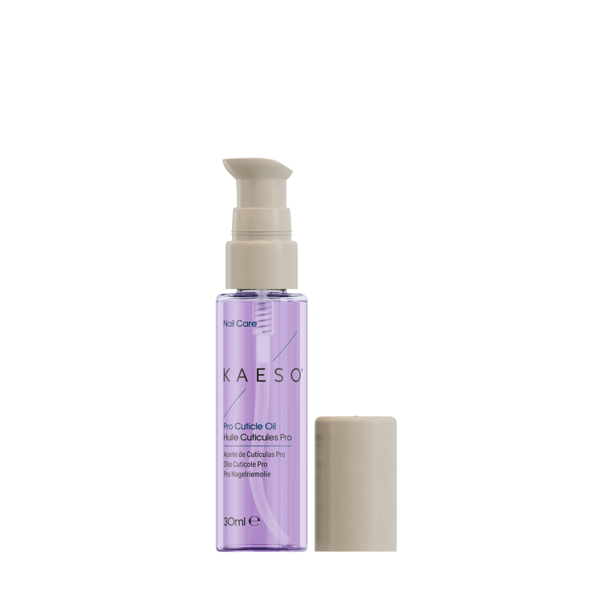 KAESO Nail Care Pro Cuticle Oil in a clear bottle showing light purple liquid, with a beige pump dispenser and a separate beige cap on a white background.