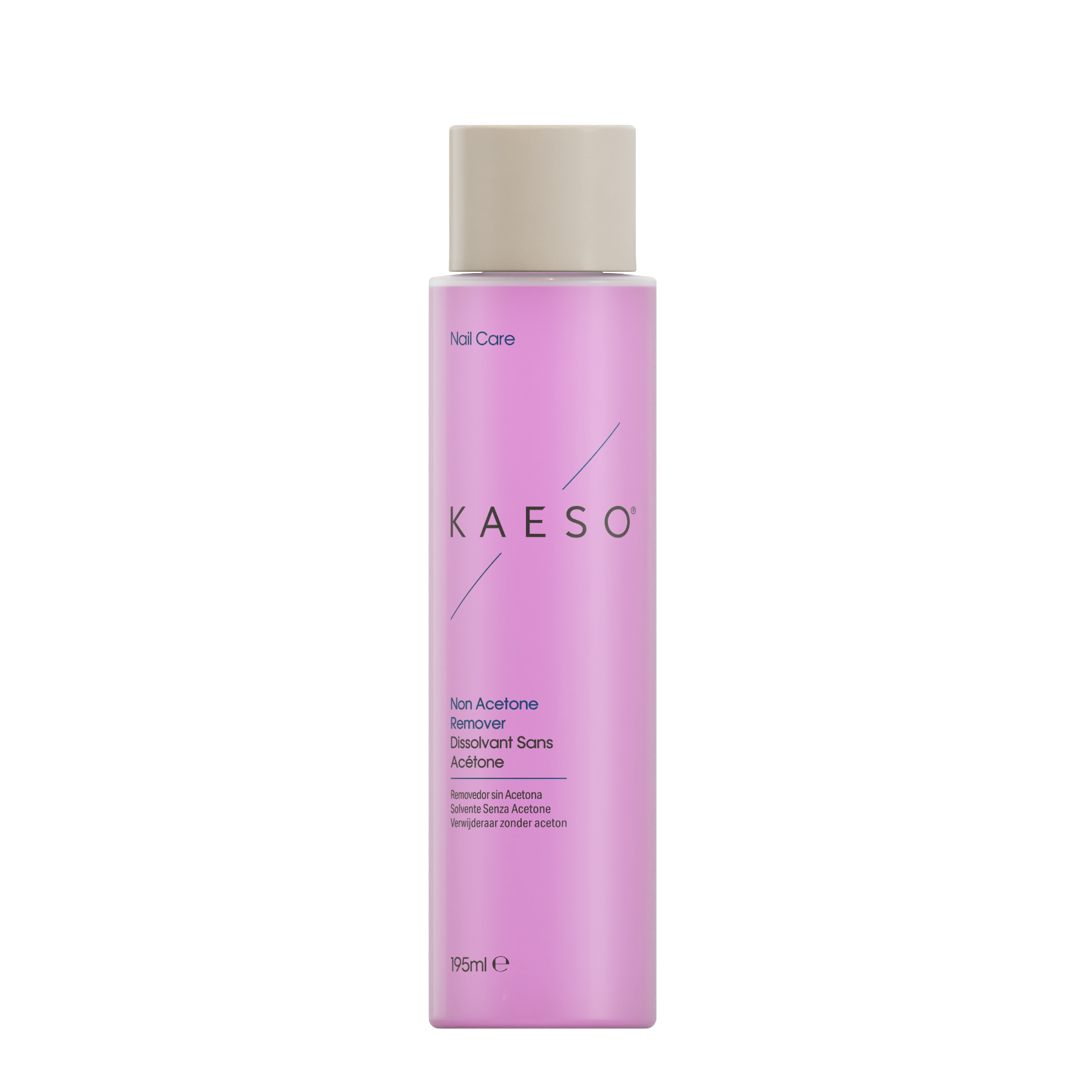 A bottle of KAESO Nail Care Non Acetone Remover in a light pink bottle with a beige cap, shown on a plain white background.