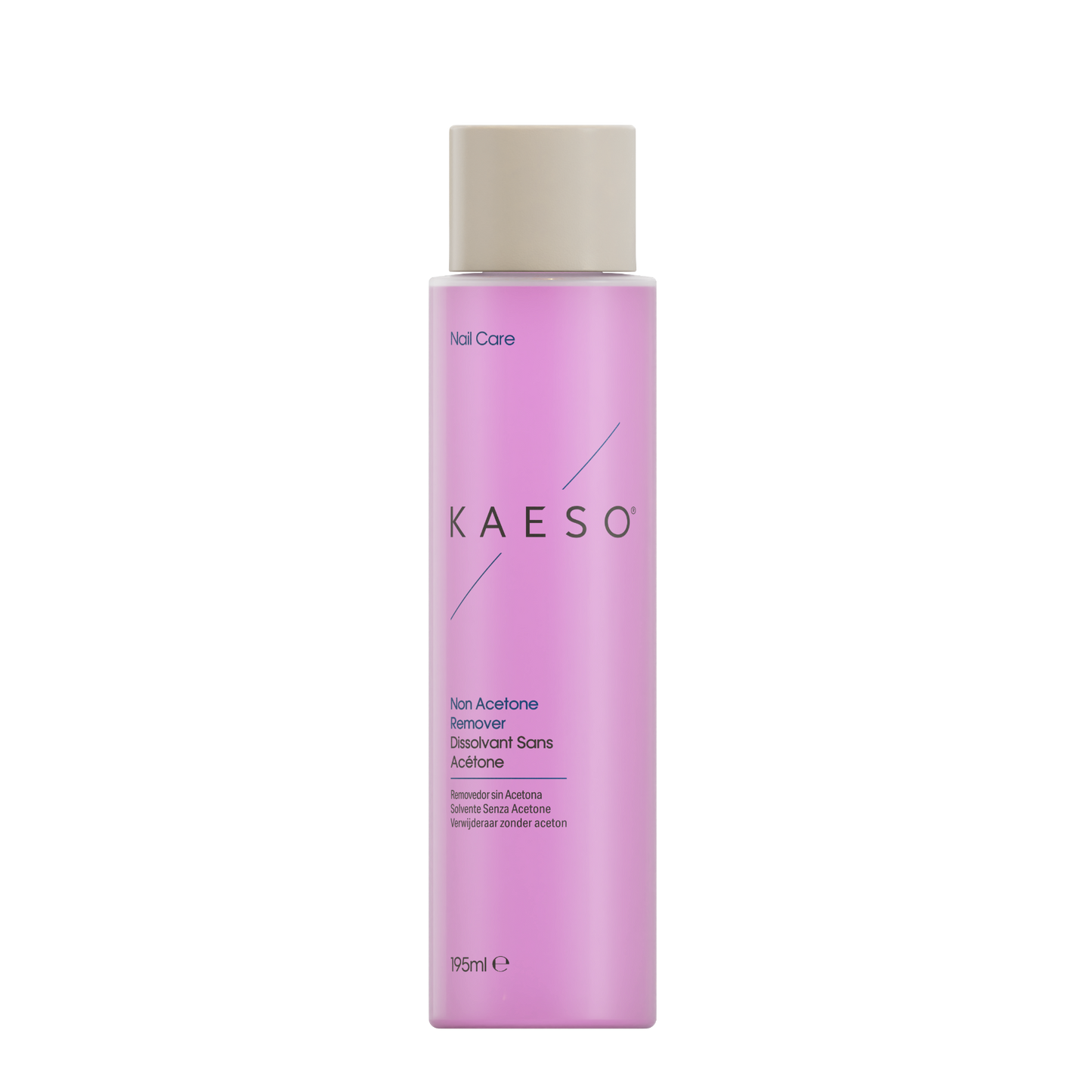 A bottle of KAESO Nail Care Non Acetone Remover in a light pink bottle with a beige cap, shown on a plain white background.