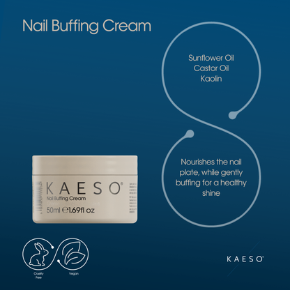 KAESO Nail Buffing Cream in a square cream-colored jar, displayed on a dark blue background with product details, ingredients, and certifications.