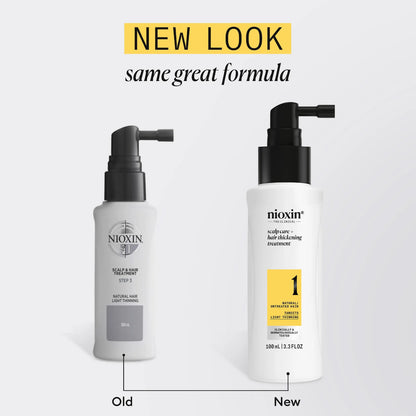 Comparison of Nioxin hair care product bottles, old and new design, on a white background.