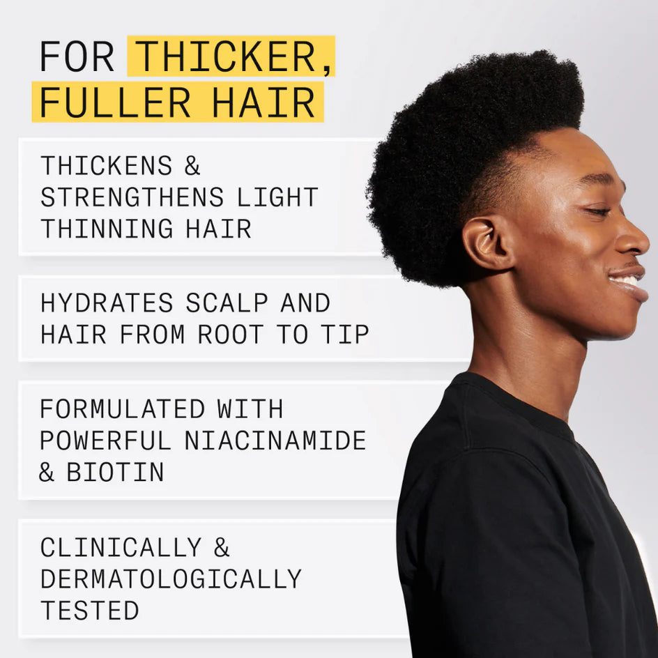 Person with styled hair on a white background with text about hair product benefits for Nioxin
