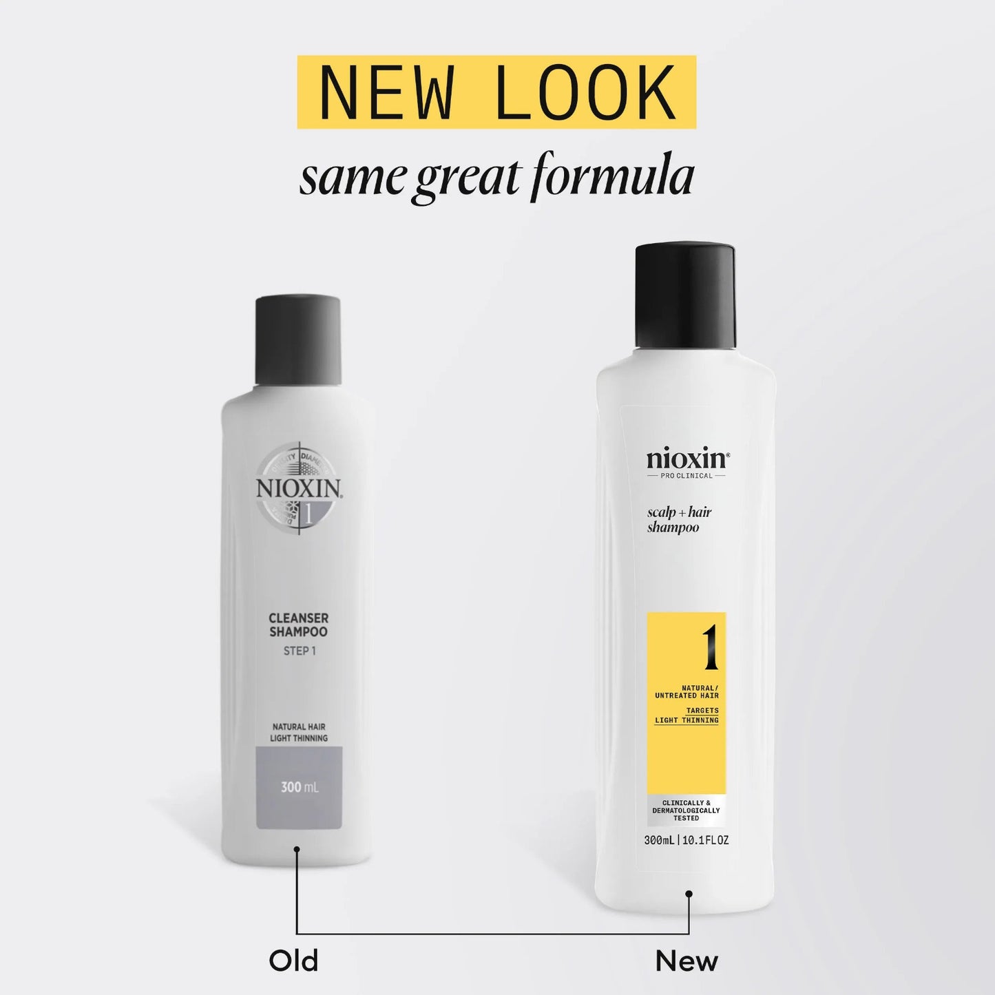 Two Nioxin shampoo bottles, one labeled 'Old' and the other 'New', on a white background.
