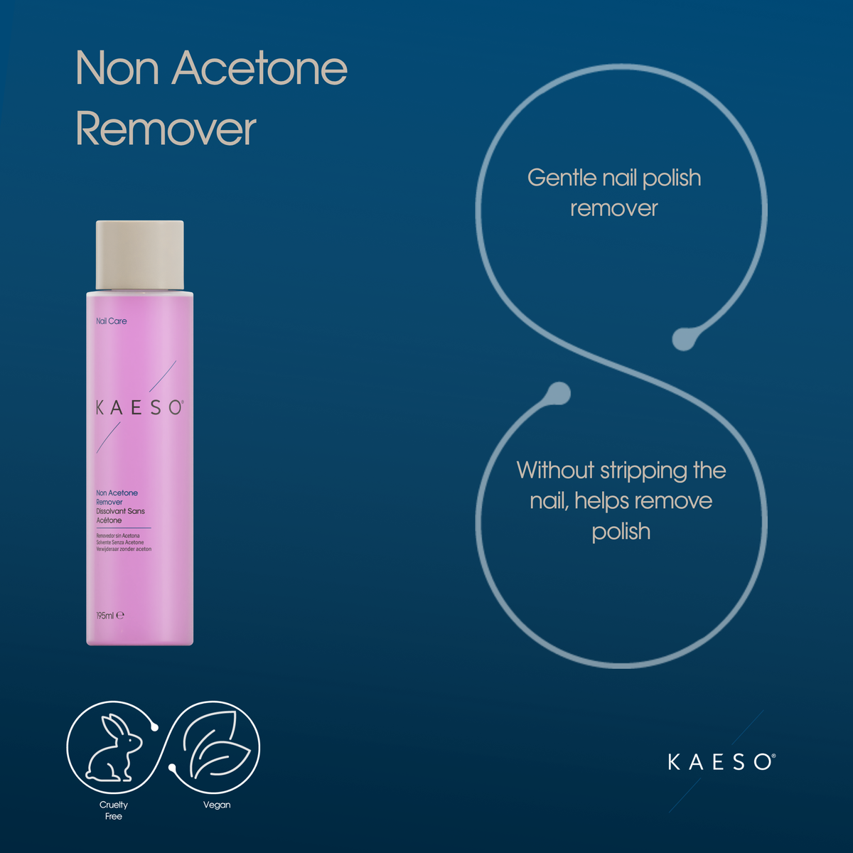 KAESO Non Acetone Remover gel nail polish remover bottle in pink with a beige cap, set against a dark blue background with product benefits and certification icons.