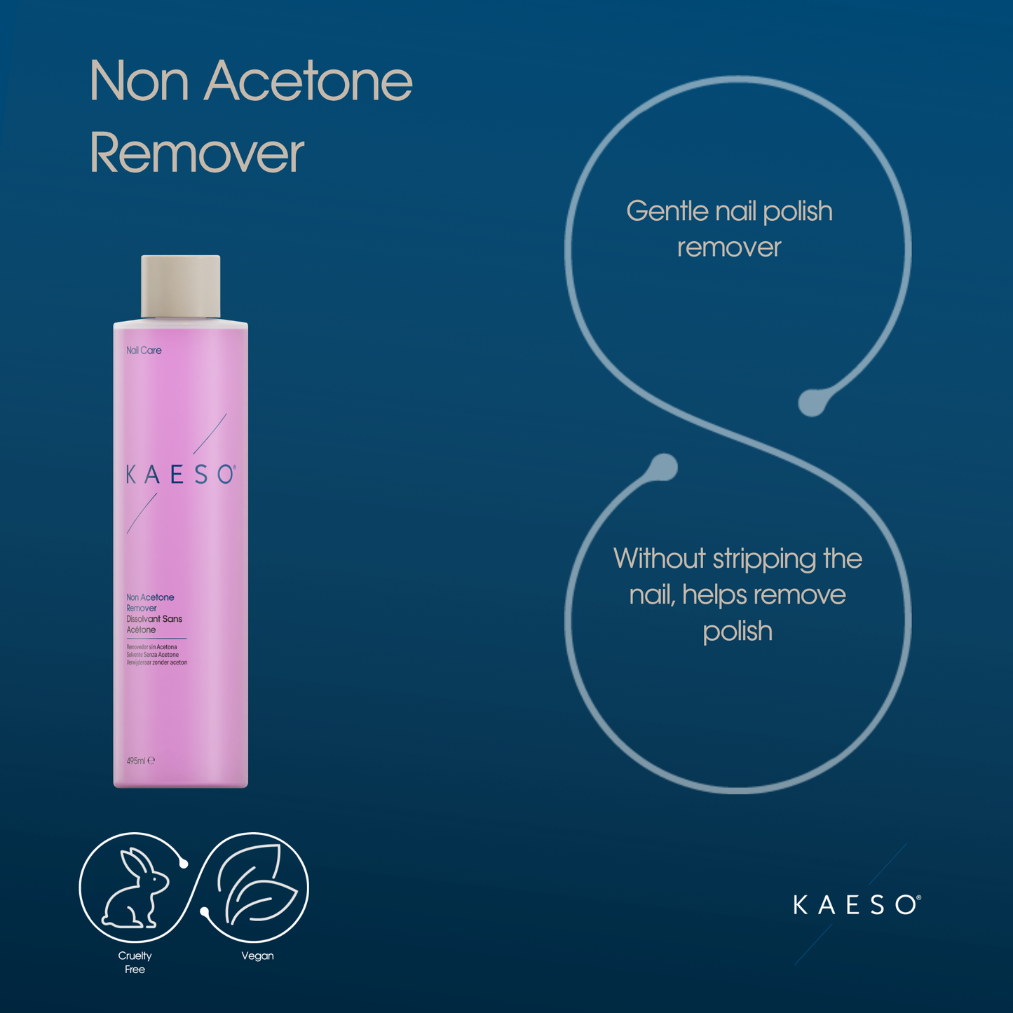 KAESO non acetone nail polish remover bottle on a blue background with text and icons.