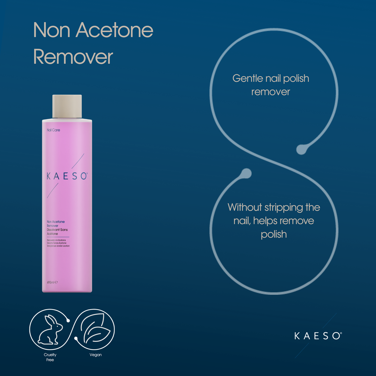 KAESO non acetone nail polish remover bottle on a blue background with text and icons.