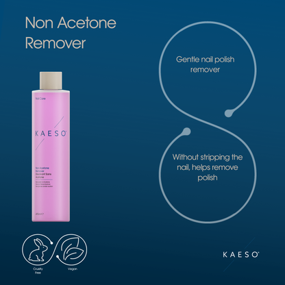 KAESO non acetone nail polish remover bottle on a blue background with text and icons.