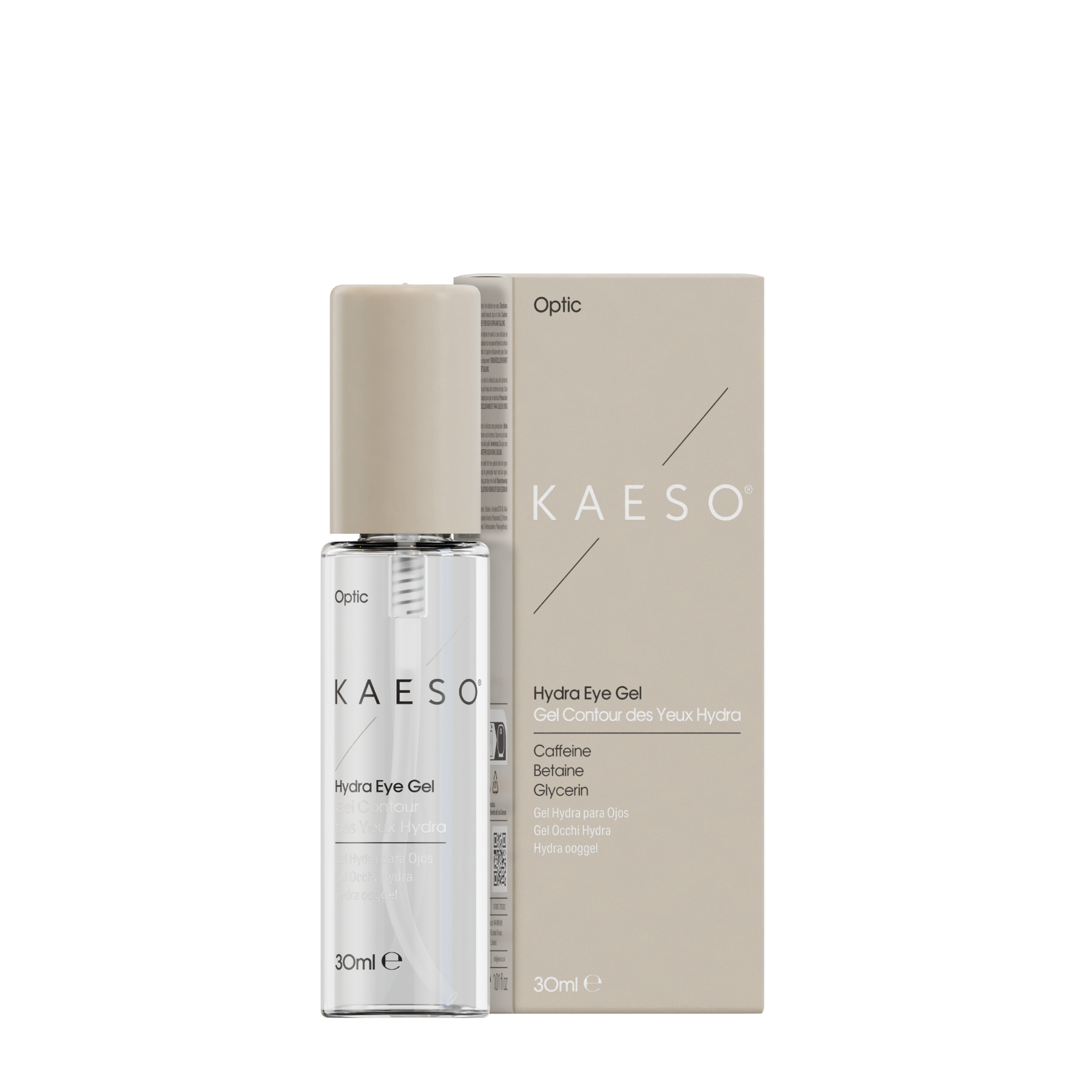 KAESO Optic Hydra Eye Gel 30ml bottle with a beige cap next to its beige packaging box on a white background.