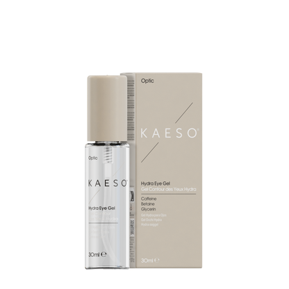 KAESO Optic Hydra Eye Gel 30ml bottle with a beige cap next to its beige packaging box on a white background.