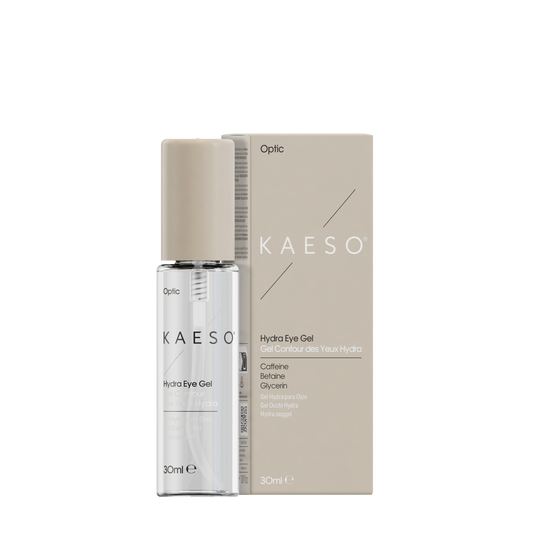 KAESO Optic Hydra Eye Gel 30ml bottle with a beige cap next to its beige packaging box on a white background.