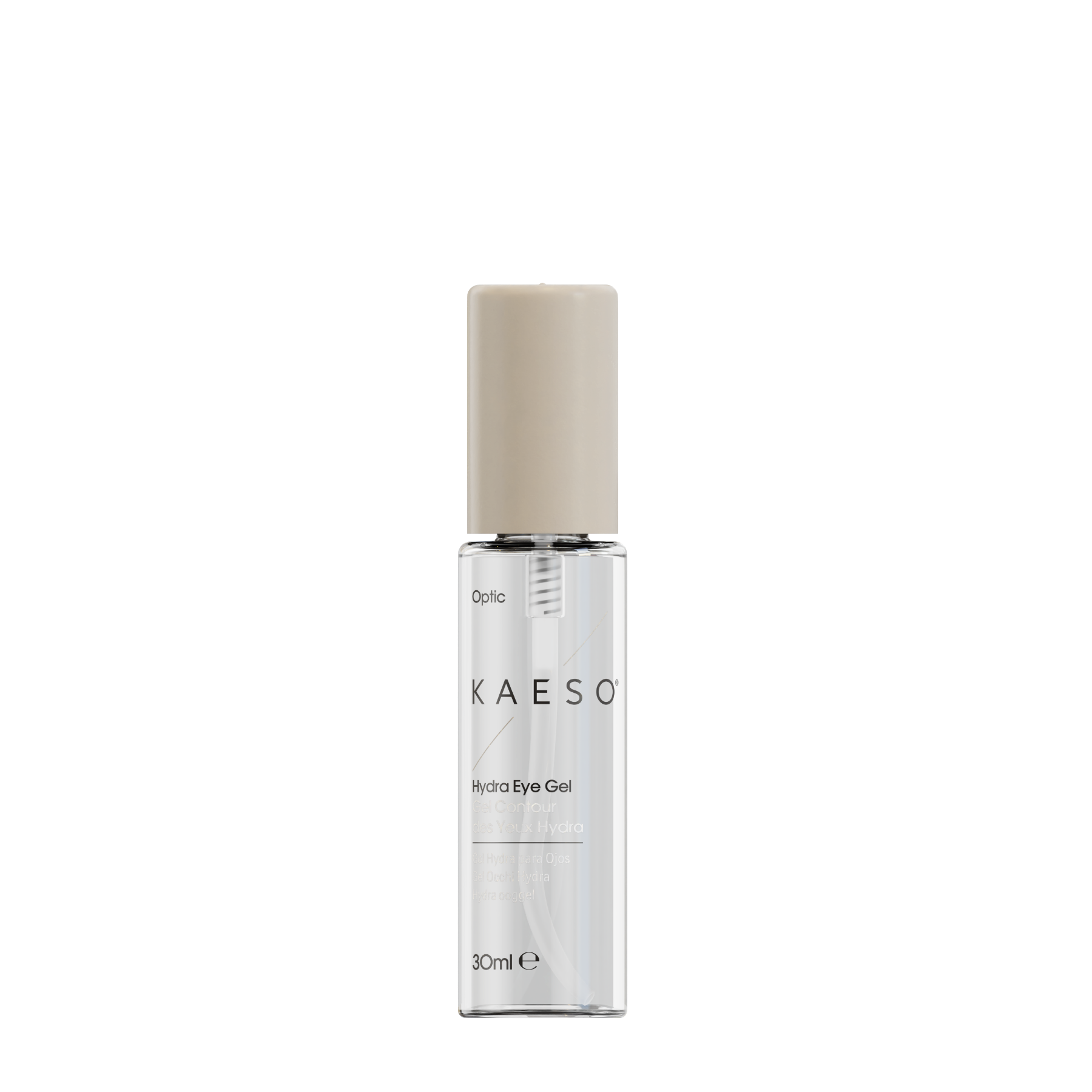 KAESO Optic Hydro Eye Gel in a clear cylindrical bottle with a beige cap, shown on a plain white background.