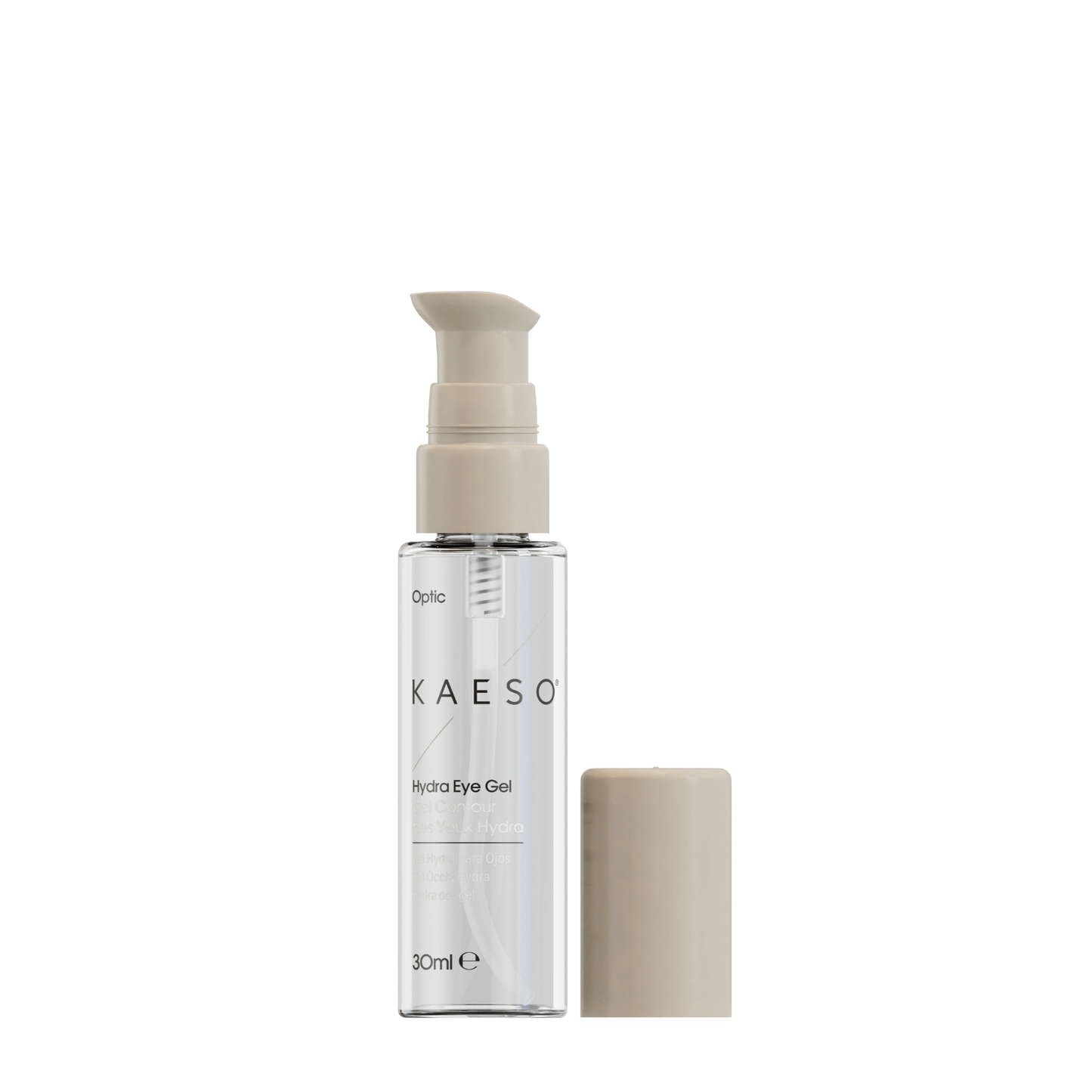 KAESO Optic Hydro Eye Gel in a clear cylindrical pump bottle with a beige pump dispenser, shown next to its beige cap on a white background.