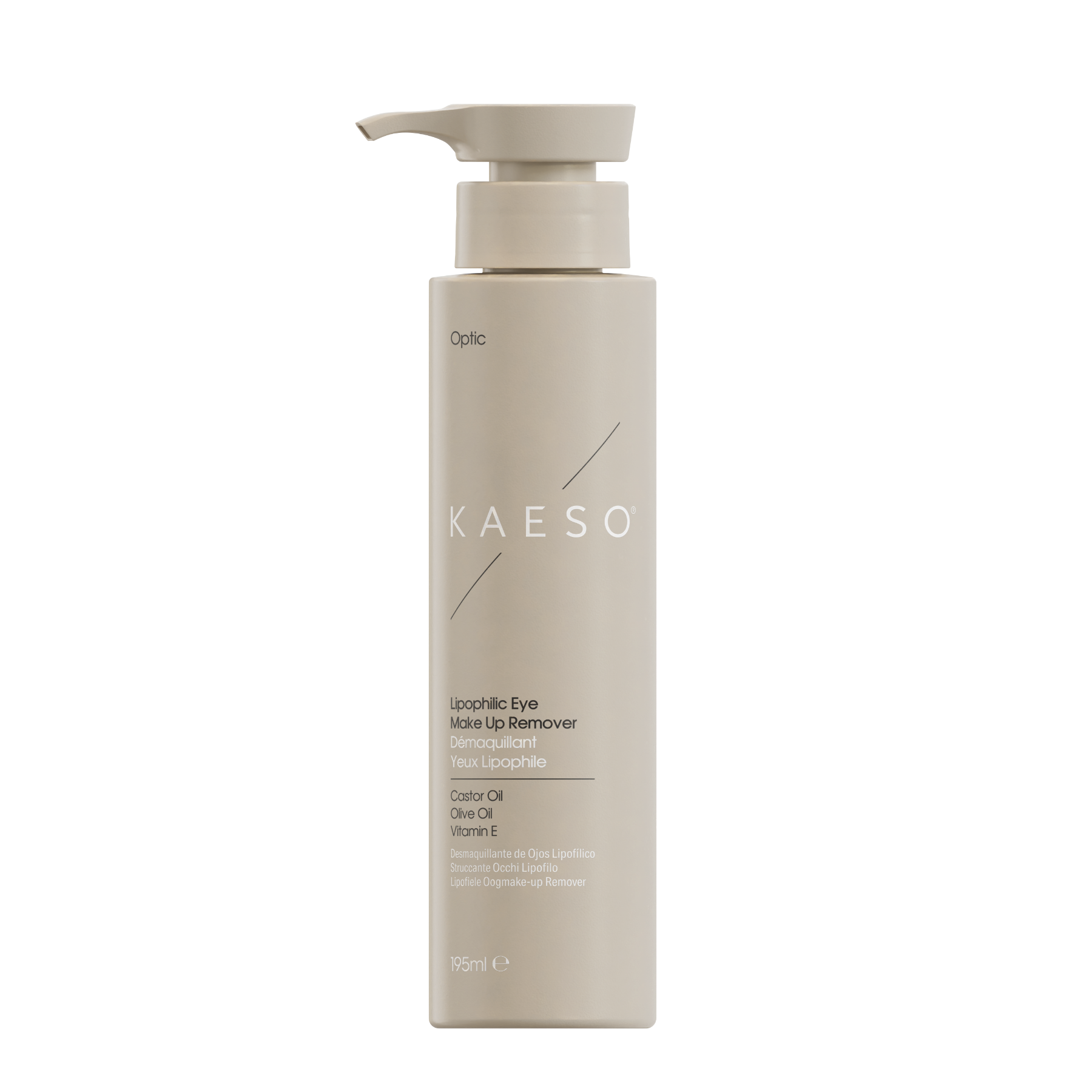 KAESO Optic Lippiclic Eye Make Up Remover in a 300ml pump bottle, featuring a minimalist beige design with white text on a clean white background.