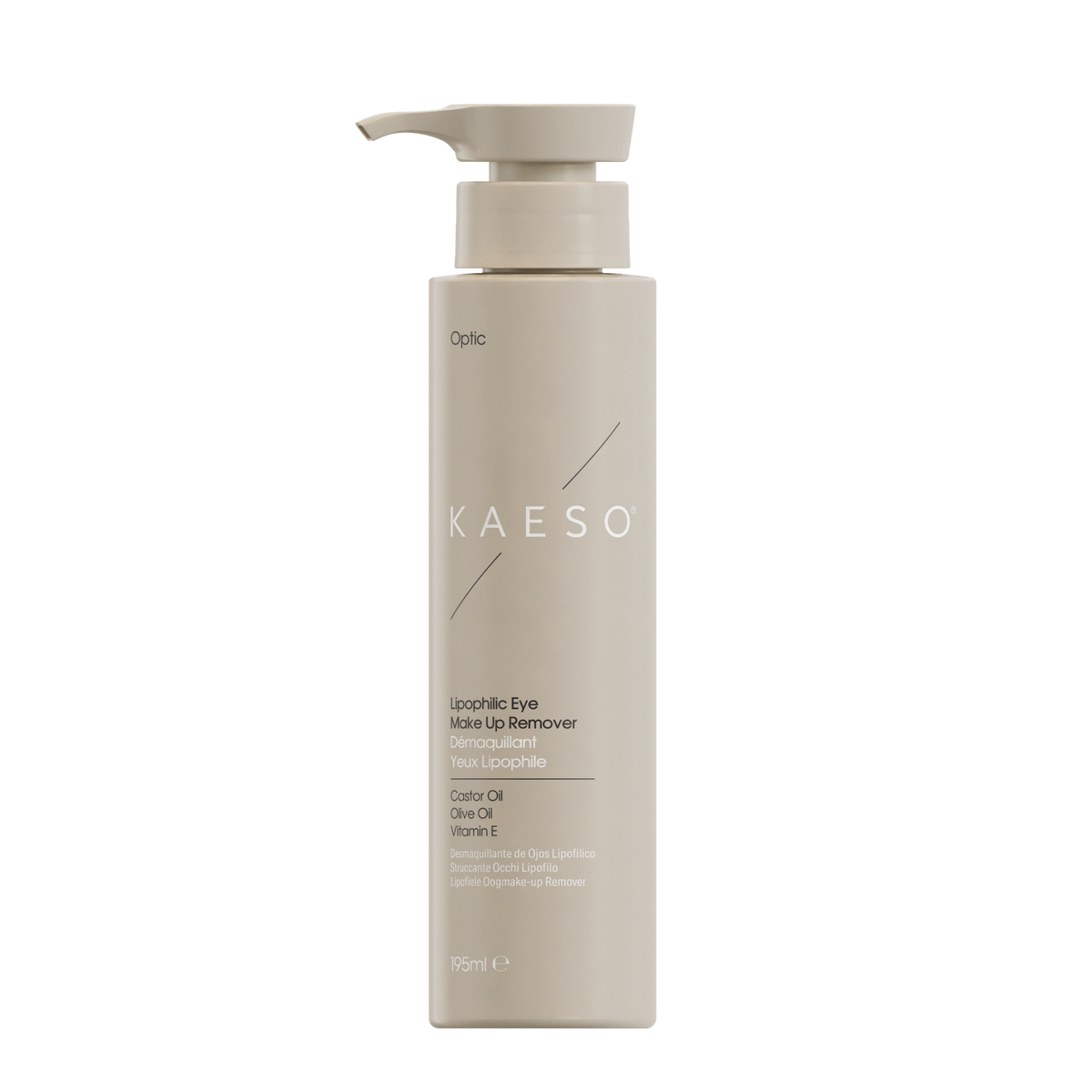 KAESO Optic Lippiclic Eye Make Up Remover in a 300ml pump bottle, featuring a minimalist beige design with white text on a clean white background.