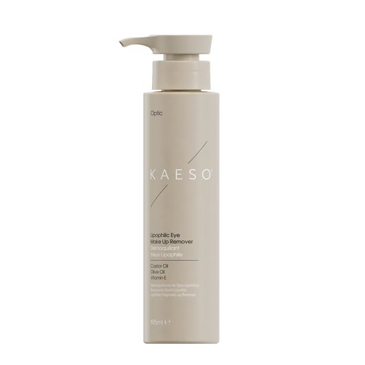 KAESO Optic Lippiclic Eye Make Up Remover in a 300ml pump bottle, featuring a minimalist beige design with white text on a clean white background.