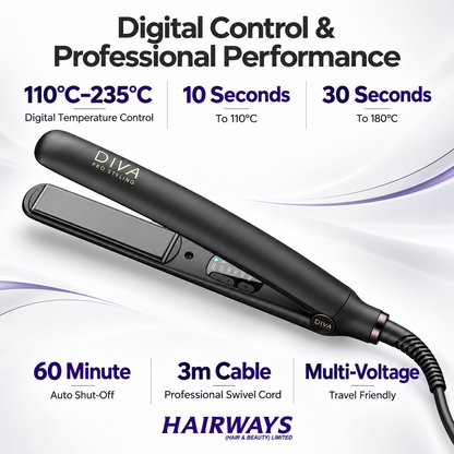 Black DIVA Pro Styling flat iron hair straightener shown on a white graphic background with feature callouts including digital temperature control, 10 seconds to 110°C, 30 seconds to 180°C, 60 minute auto shut-off, 3m cable, and multi-voltage travel friendly.