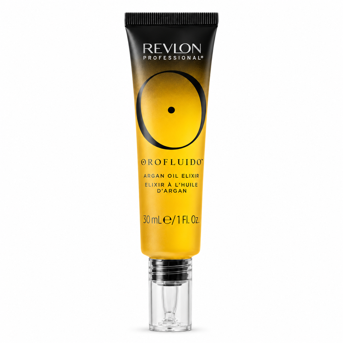 Revlon Professional Orofluido Argan Oil Elixir in a 30 mL squeeze tube with a clear cap, shown on a white background.