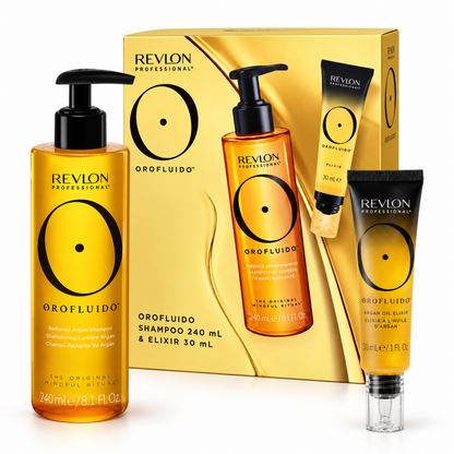 Revlon Professional Orofluido hair care set including a shampoo bottle, elixir bottle, and cream tube arranged in front of their gold-colored packaging box on a white background.