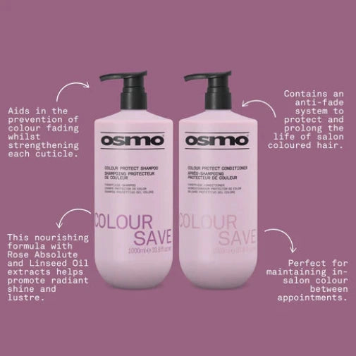 Osmo Colour Save shampoo and conditioner bottles on a purple background with product details.