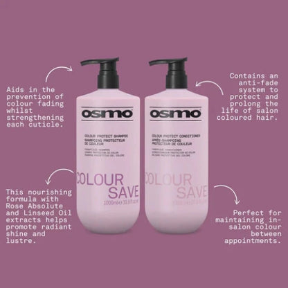 Osmo Colour Save shampoo and conditioner bottles on a purple background with product details.