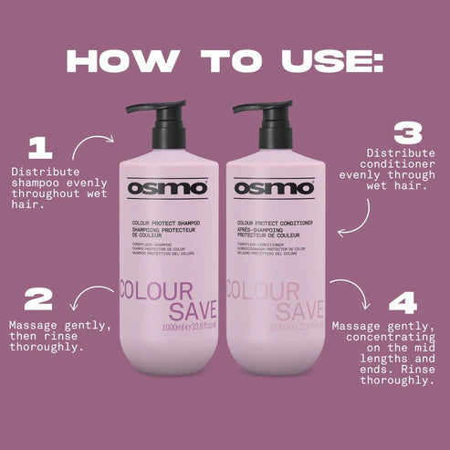 Osmo Colour Save shampoo and conditioner bottles with usage instructions on a purple background
