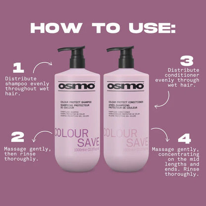 Osmo Colour Save shampoo and conditioner bottles with usage instructions on a purple background