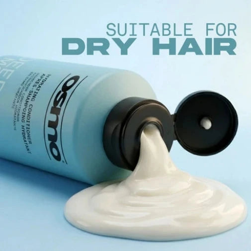 Osmo conditioner bottle with white cream spilling out on a light blue background