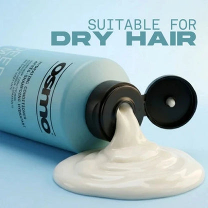 Osmo conditioner bottle with white cream spilling out on a light blue background