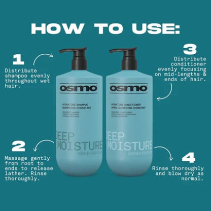 Osmo shampoo and conditioner bottles with usage instructions on a teal background
