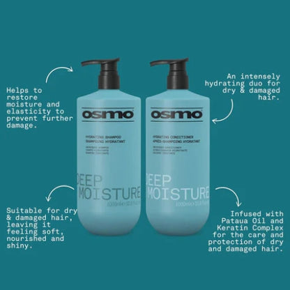 Osimoo Deep Moisture shampoo and conditioner bottles on a teal background with text about their benefits.