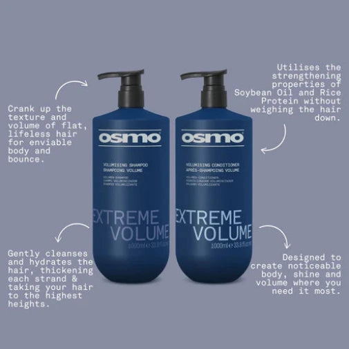 Two Osmo Extreme Volume shampoo and conditioner bottles on a gray background with product details.
