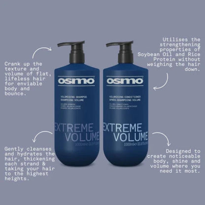 Two Osmo Extreme Volume shampoo and conditioner bottles on a gray background with product details.