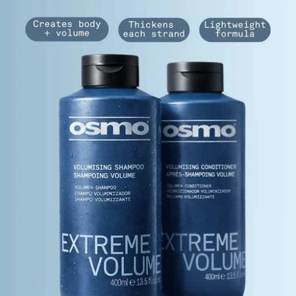 Two blue Osmo Volumising Shampoo and Conditioner bottles with black caps, shown on a light blue gradient background with three feature callouts at the top.