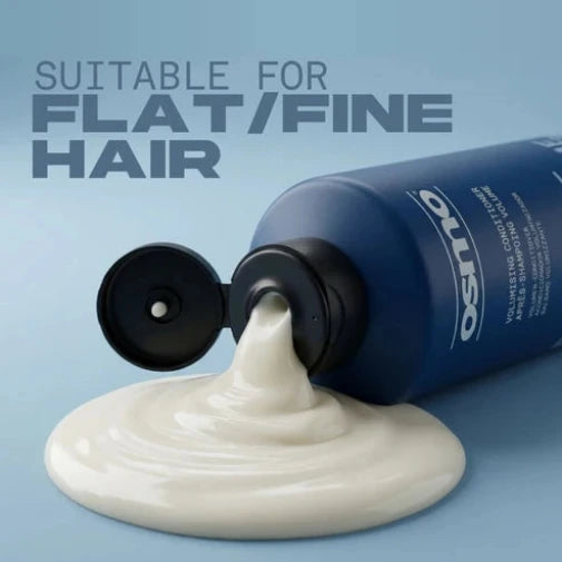 Blue bottle of hair product with white foam on a light blue background, labeled 'Osmo'.