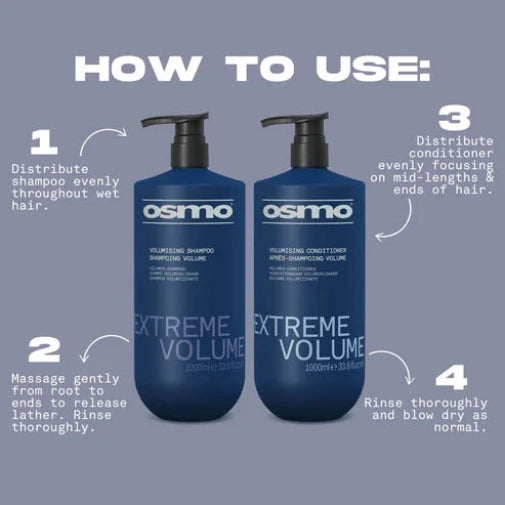 Osmo Extreme Volume shampoo and conditioner bottles with usage instructions on a gray background